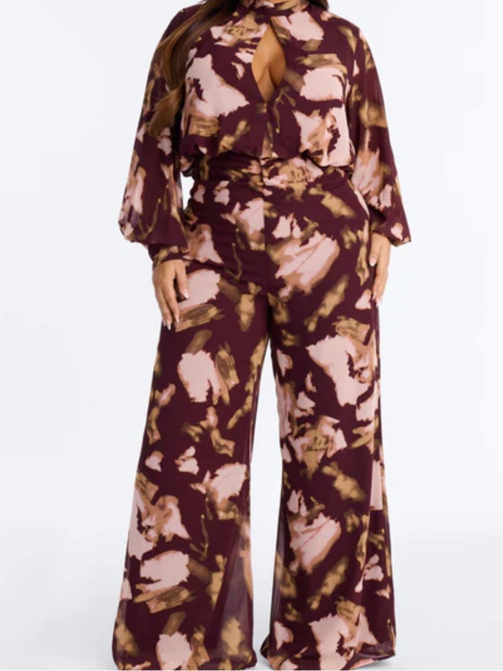 Wide-Leg Floral Print Jumpsuit in Burgundy and Pink